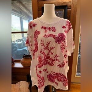 Johnny Was Floral Embroidered White and Pink Women's Cotton Top